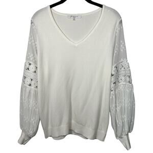 Sioni White Floral Eyelet Sleeves V-Neck Sweater Women's Medium